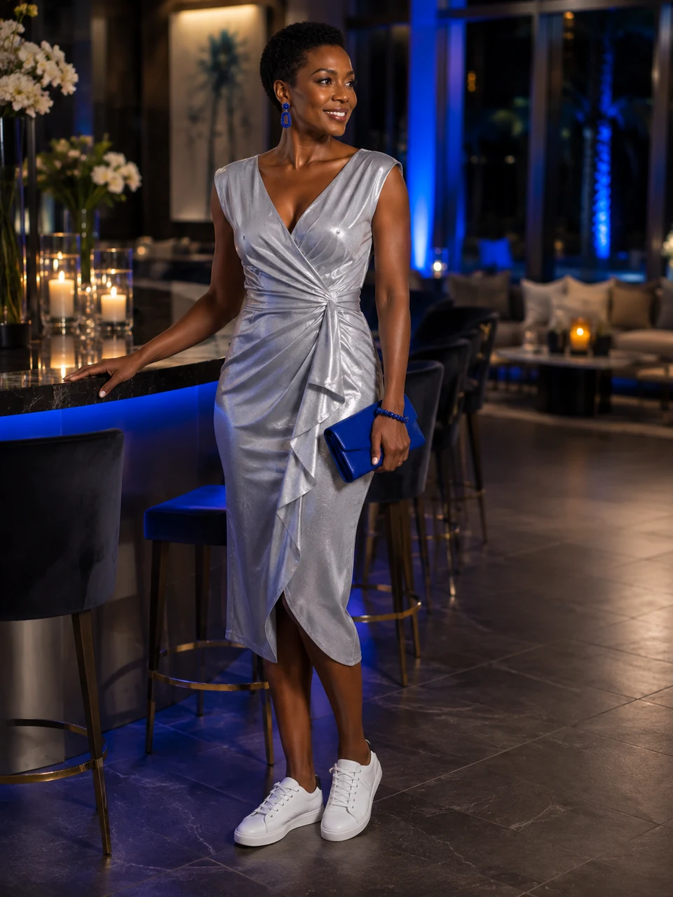 Black woman in a silver cocktail dress with royal-blue accessories and clean white sneakers.
