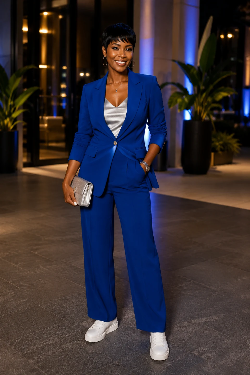Black woman in a royal-blue tailored pantsuit with a silver satin top, metallic clutch, and clean white sneakers.