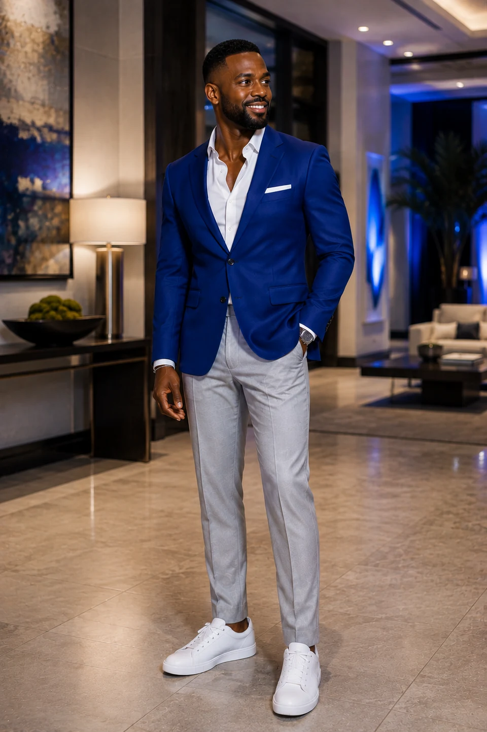 Black man in a royal-blue blazer, crisp white shirt, light-gray trousers, and clean white sneakers.