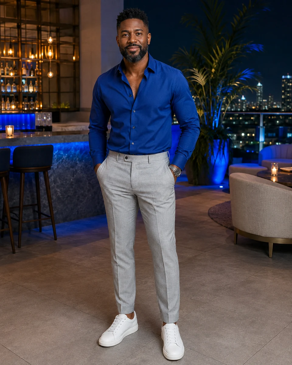 Black man in a cobalt open-collar dress shirt, light-gray tailored trousers, and clean white sneakers.