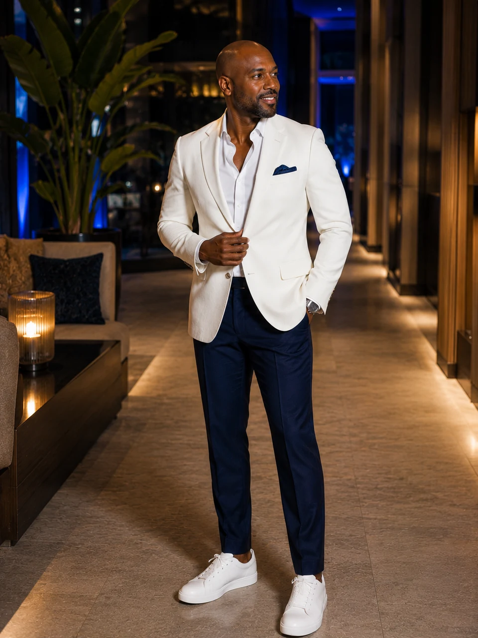 Black man in a white dinner jacket, crisp white shirt, navy trousers, blue pocket square, and clean white sneakers.