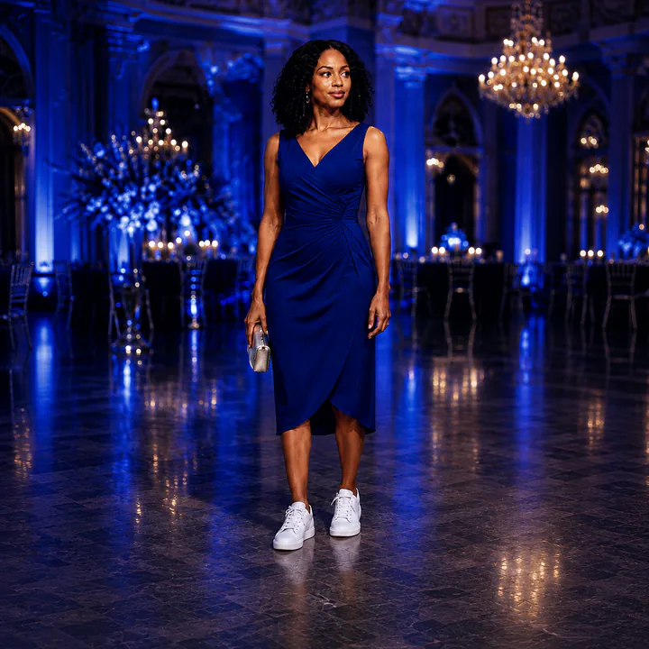 Woman in a cobalt-blue dress with a silver clutch and clean white sneakers in a blue-lit event hall.