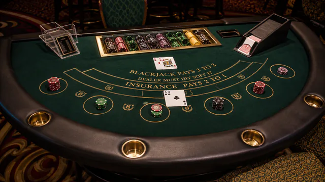 Professional blackjack table with chips and cards