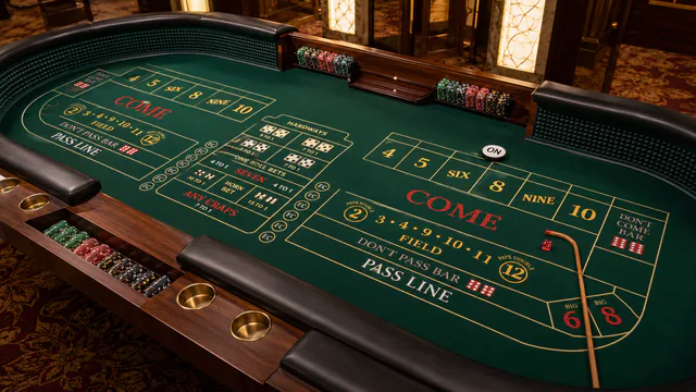 Professional craps table with chips and layout