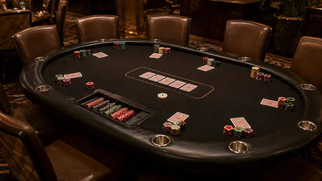 Professional poker table with cards and chips