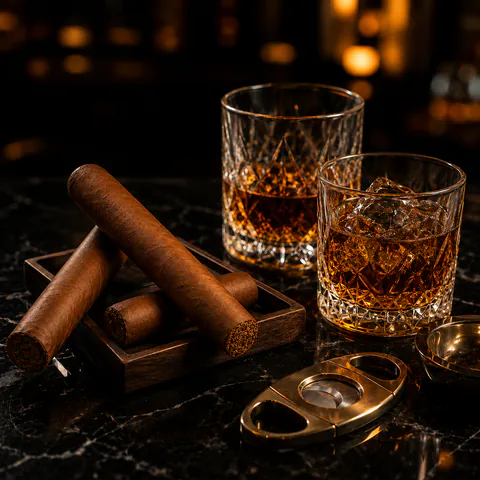 Cigars and whiskey glasses in a lounge setting