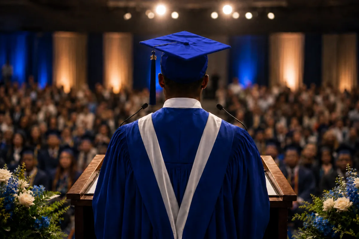 Graduate in a blue cap and gown addressing an audience.