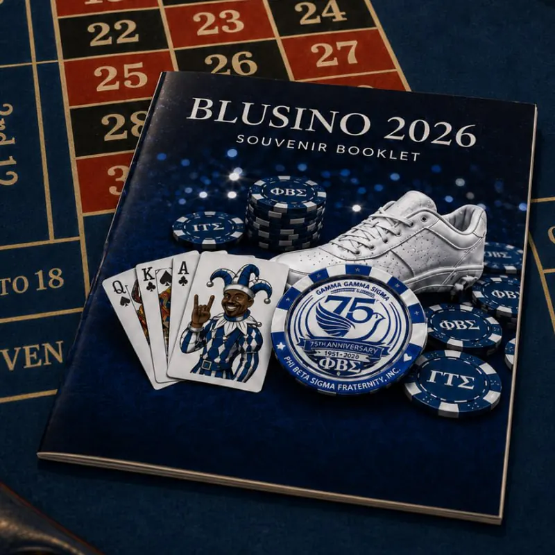 BLUSINO 2026 souvenir booklet on a casino table.
