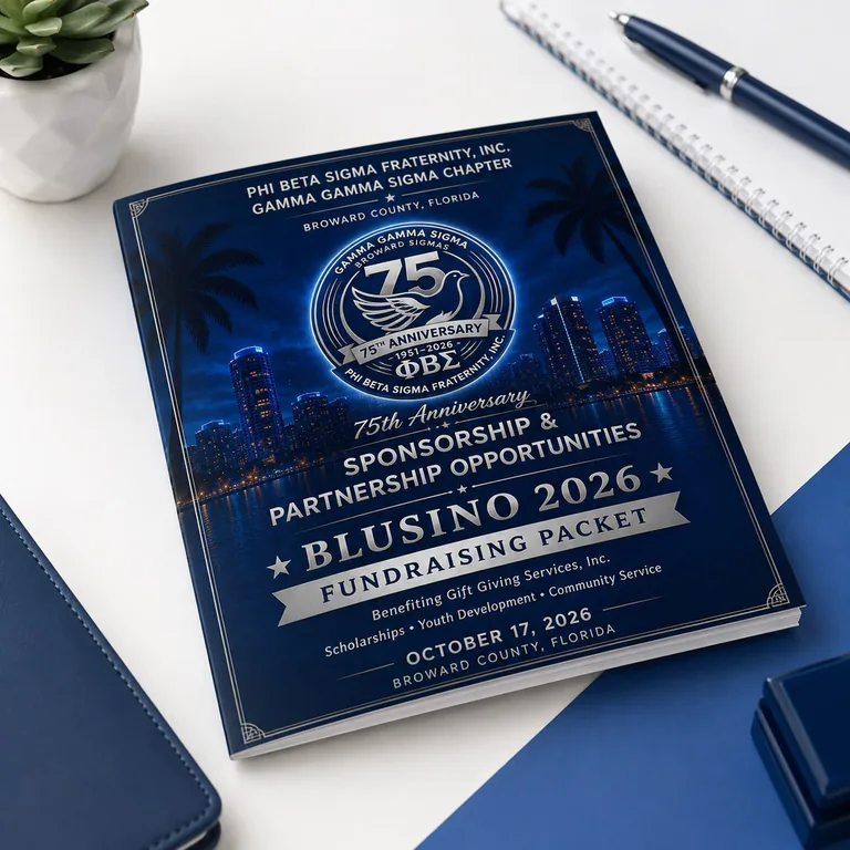 BLUSINO 2026 fundraising packet on a desk.